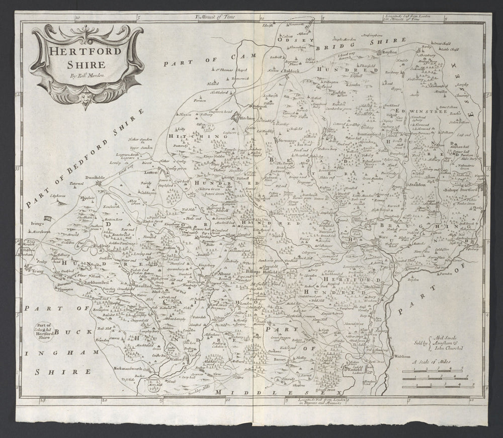 Hertfordshire. 'HERTFORD SHIRE' by ROBERT MORDEN in Camden's Britannia 1695 map