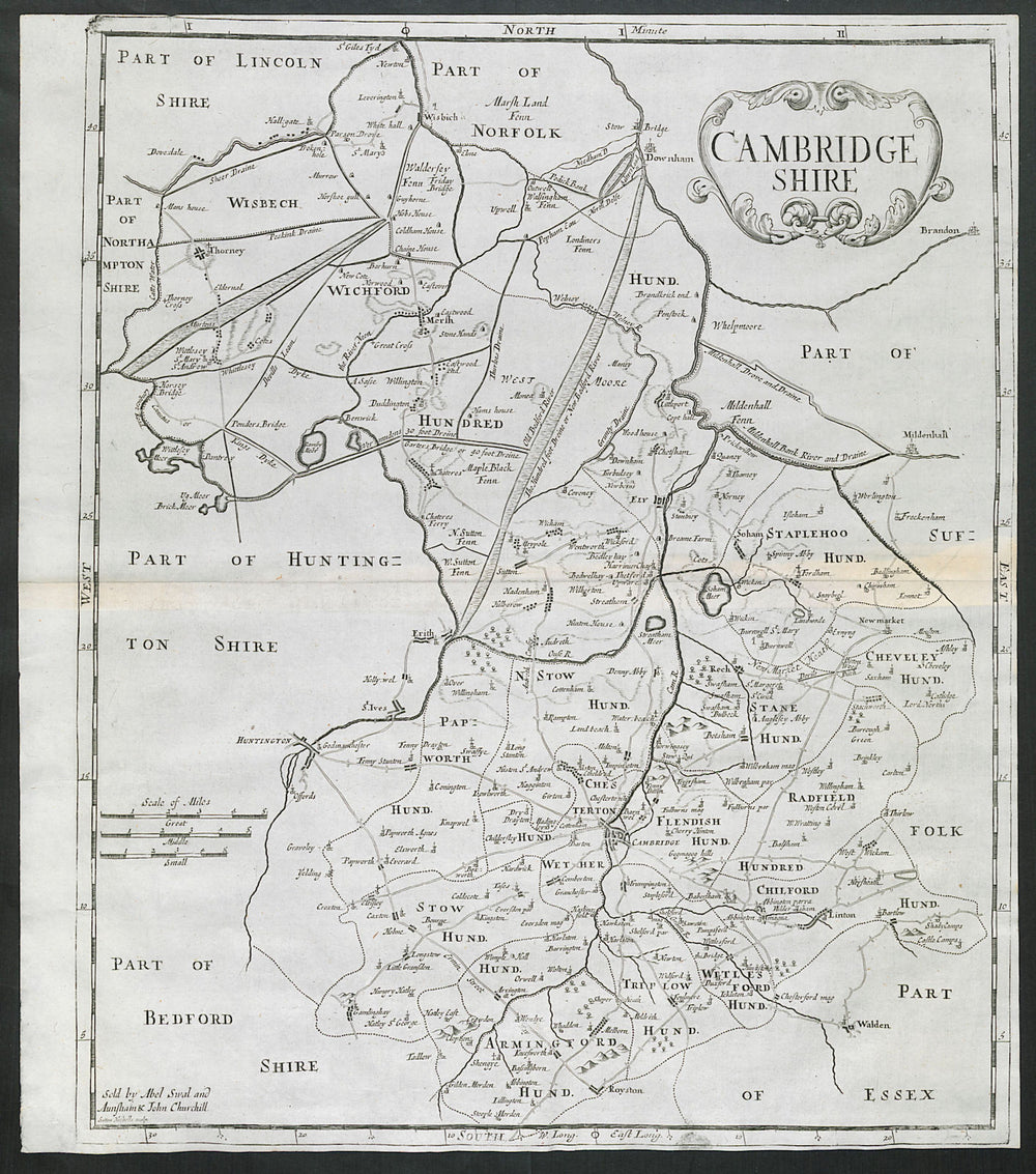 CAMBRIDGESHIRE. by ROBERT MORDEN from Camden's Britannia 1695 old antique map