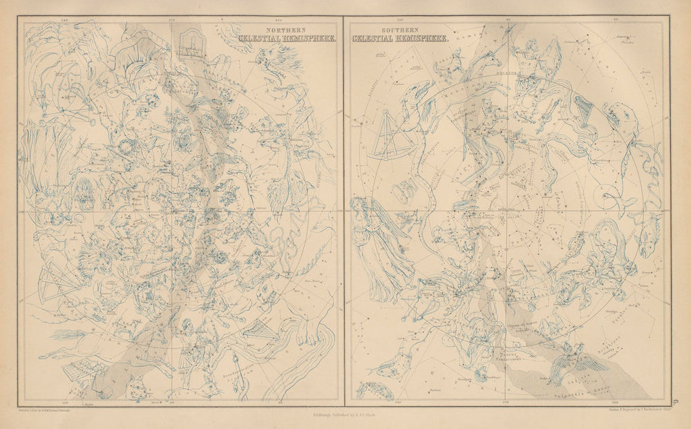 Northern & Southern Celestial Hemispheres. Star charts. BARTHOLOMEW 1870 map