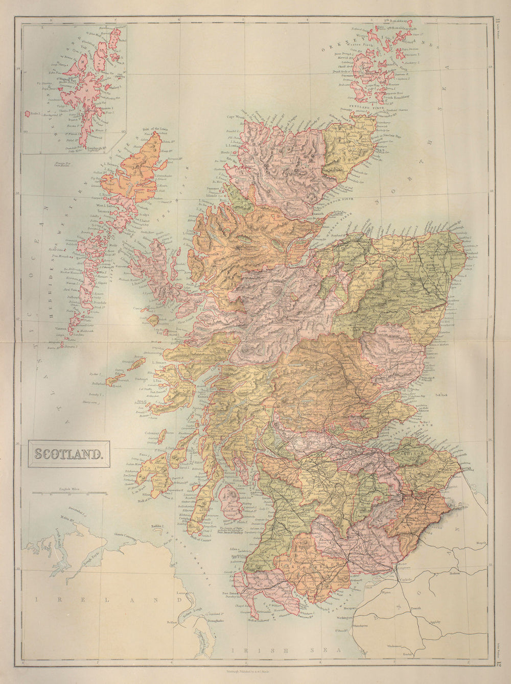 Scotland in counties. Railways. BARTHOLOMEW 1870 old antique map plan chart