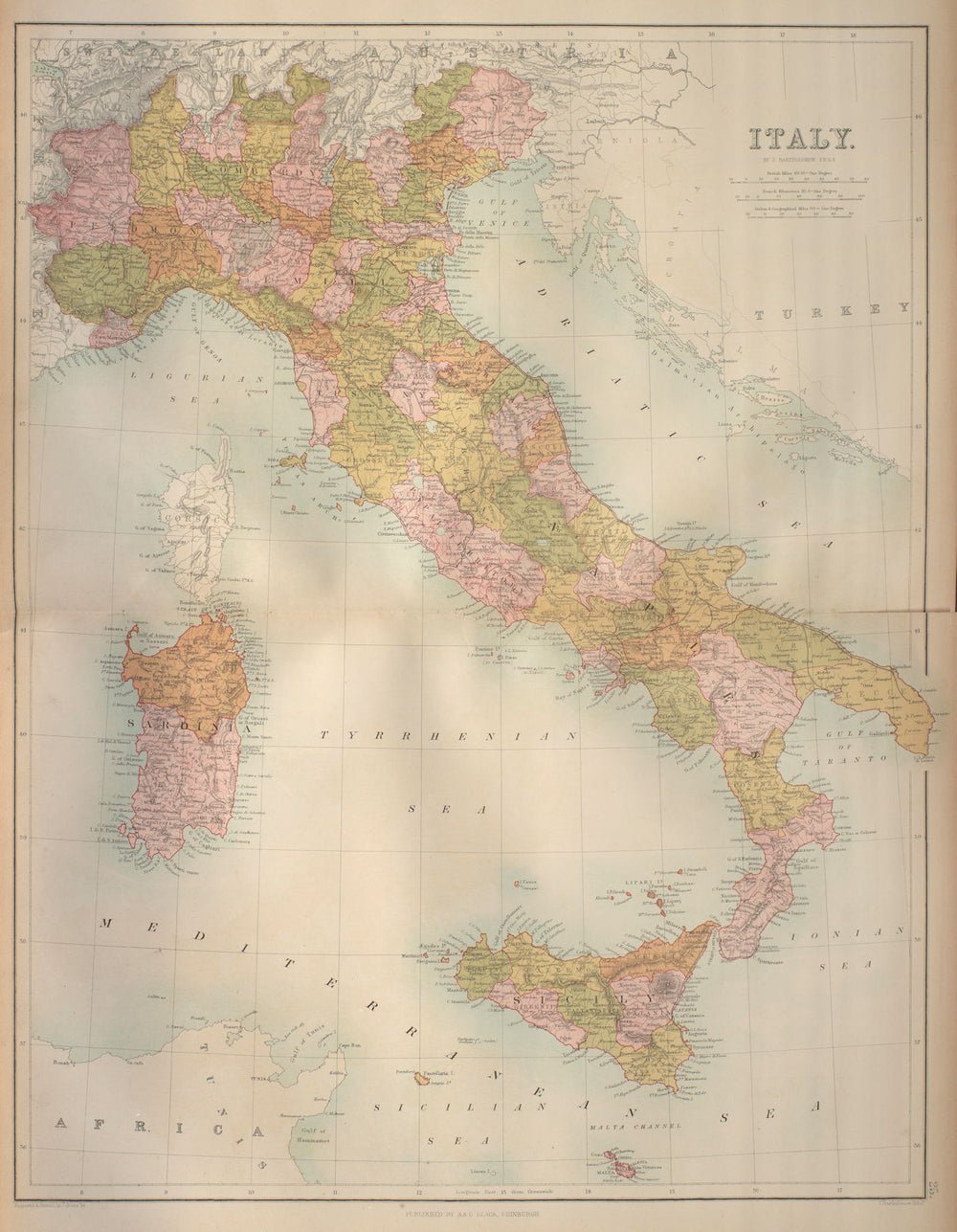 Italy in provinces. Railways. Excl. Trieste & South Tyrol. BARTHOLOMEW 1870 map