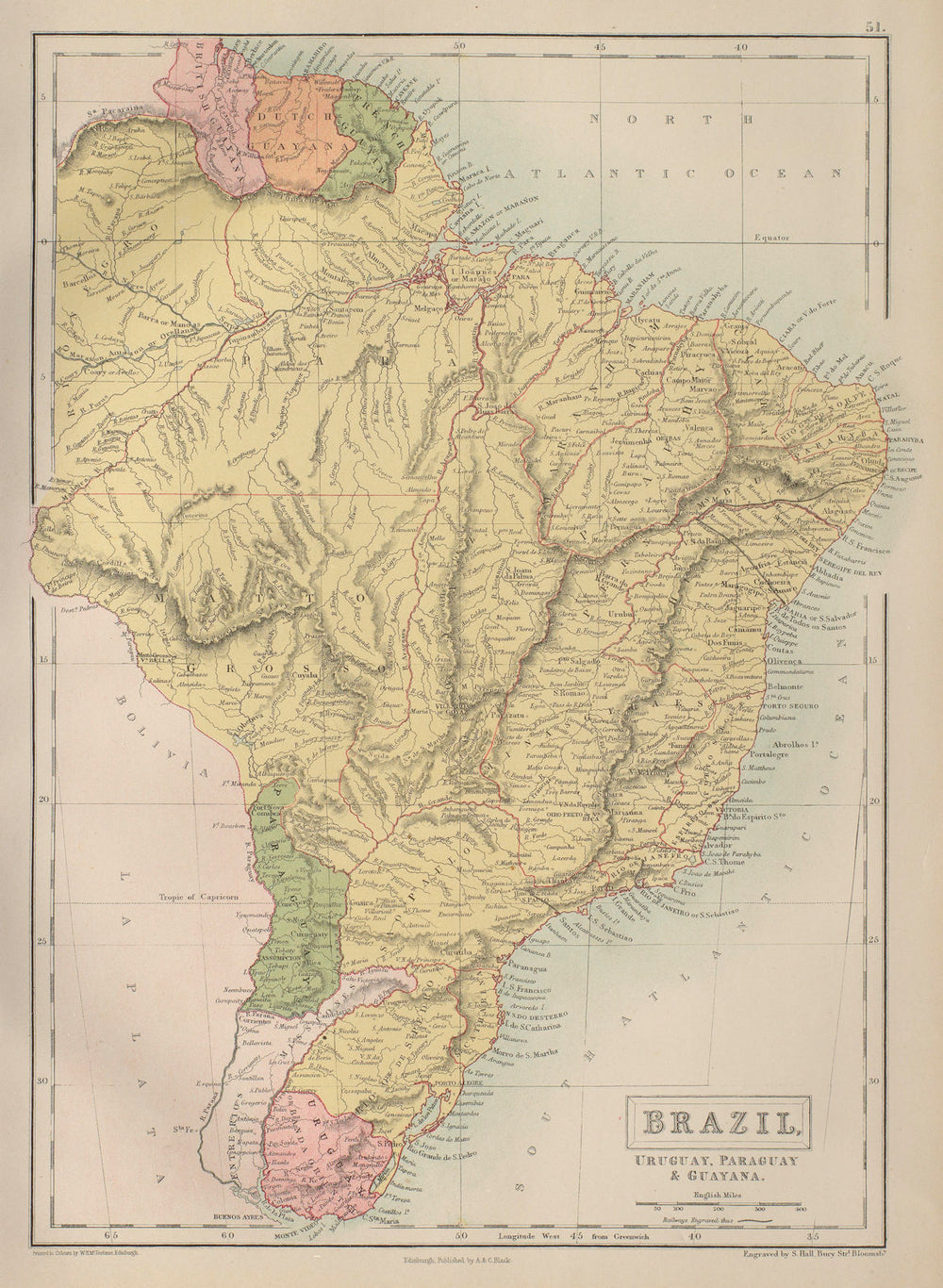 Brazil, Uruguay, Paraguay & Guayana. Guyanas. BARTHOLOMEW 1870 old antique map