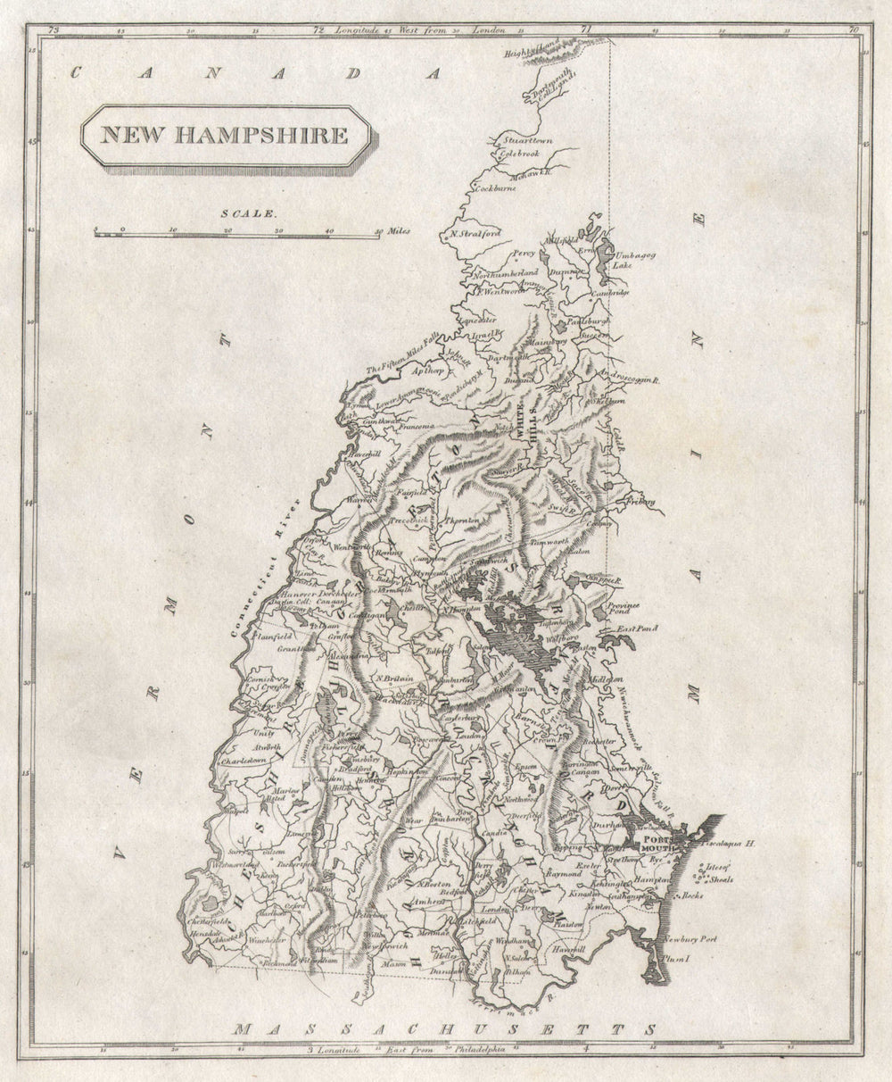 New Hampshire state map by Arrowsmith & Lewis 1812 old antique plan chart