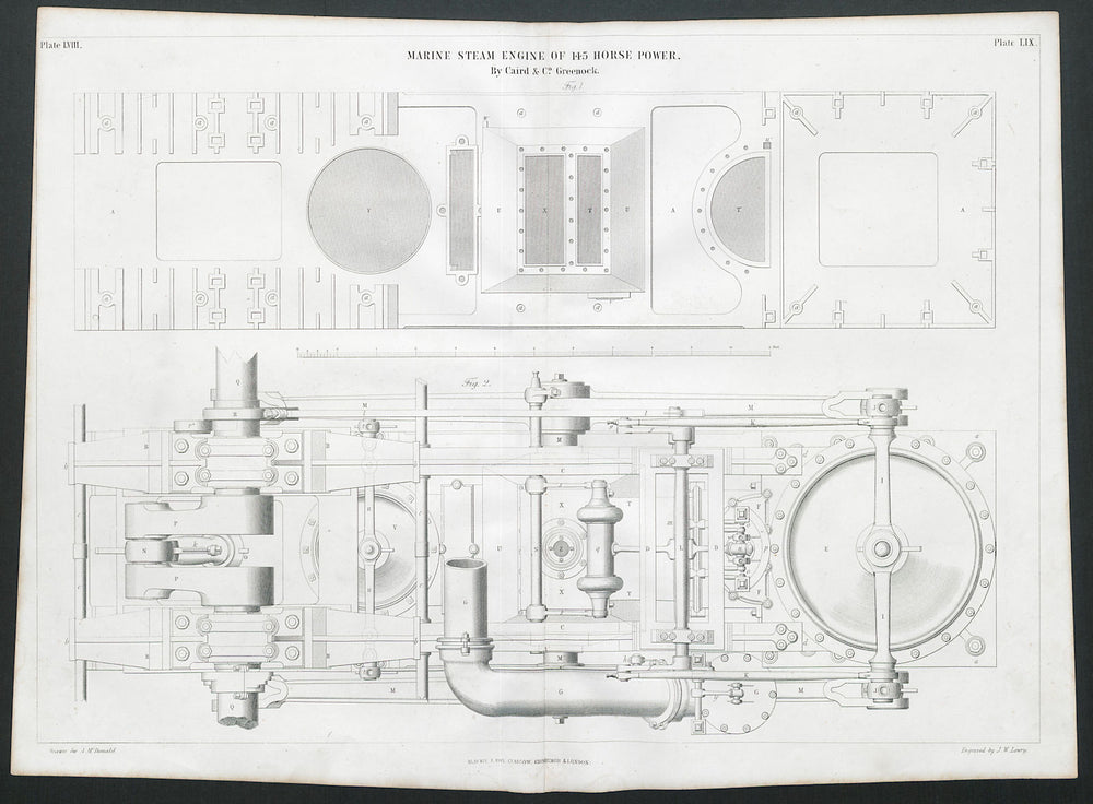 19C ENGINEERING DRAWING 145 HP marine steam engine. Caird & Co. Greenock 2 1847