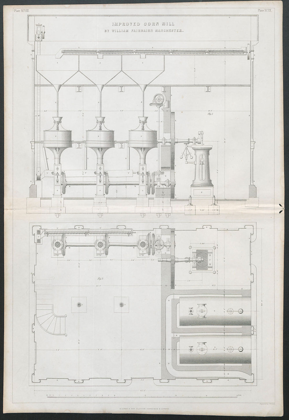 19C ENGINEERING DRAWING Improved corn mill by William Fairbairn. Manchester 1847