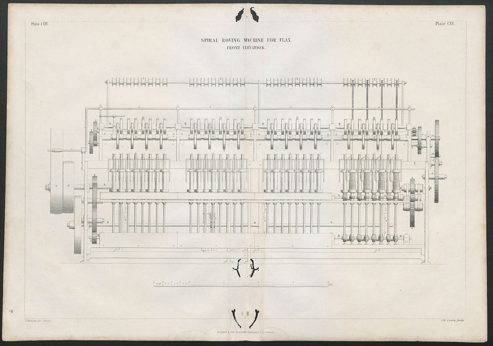 VICTORIAN ENGINEERING DRAWING Spiral roving machine for flax, front 1847 print