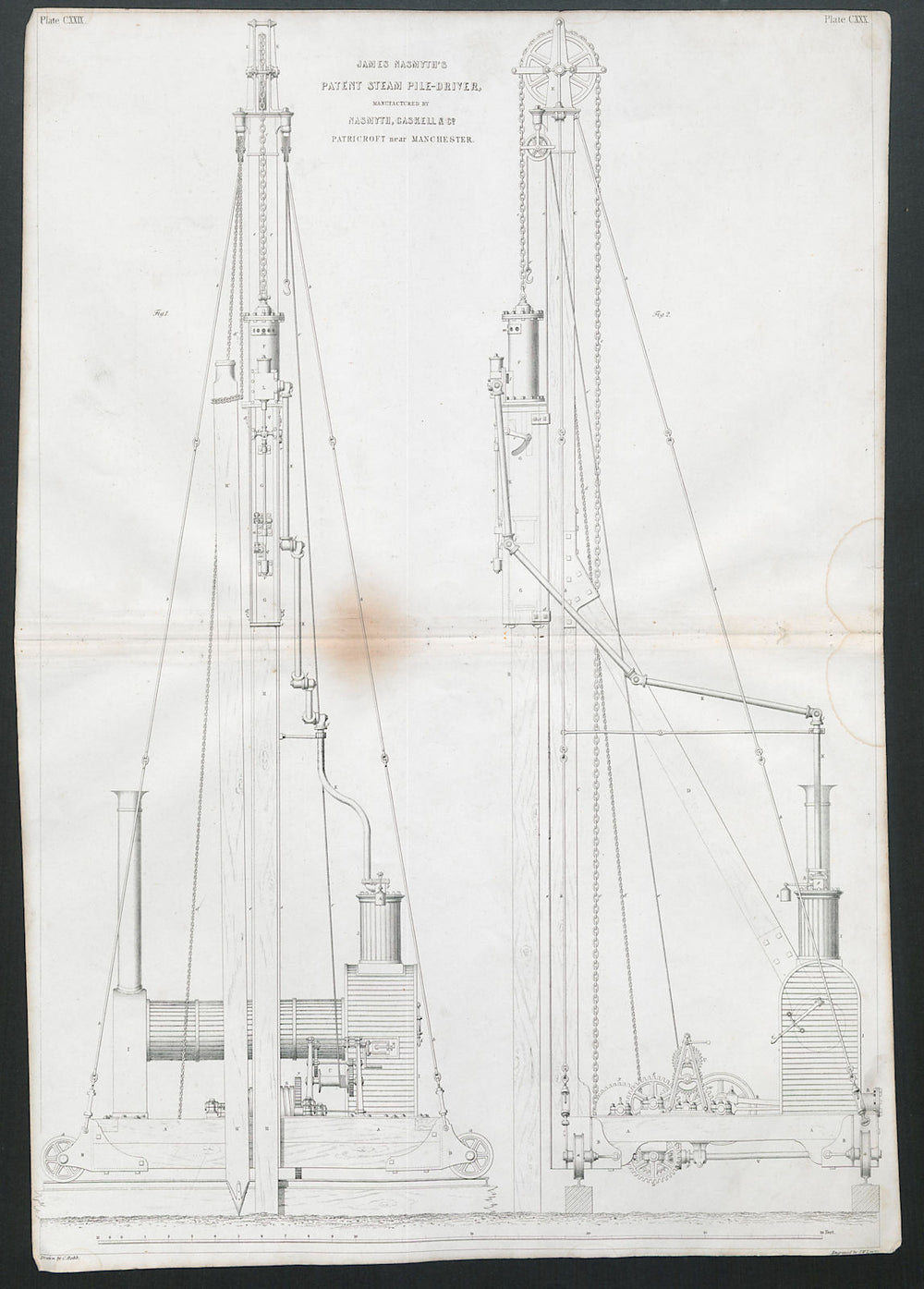 19C ENGINEERING DRAWING Patent steam pile-driver. James Nasmyth, Patricroft 1847