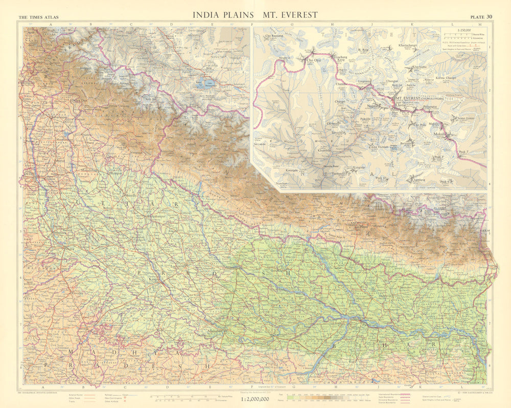 India plains. Uttar Pradesh & Nepal. Mount Everest inset. TIMES 1959 old map