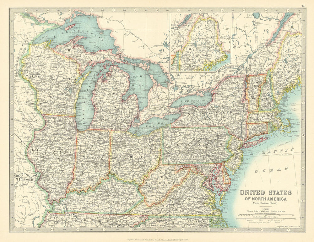 NORTH EASTERN UNITED STATES. Great Lakes. MidWest. USA. JOHNSTON 1911 old map
