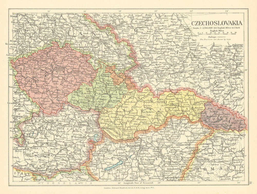 Czechoslovakia inc. Carpathian Ruthenia. Bohemia Moravia. STANFORD c1925 map