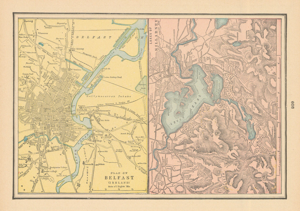 Lakes of Killarney & Belfast town city plan. Ireland. CRAM 1894 old map