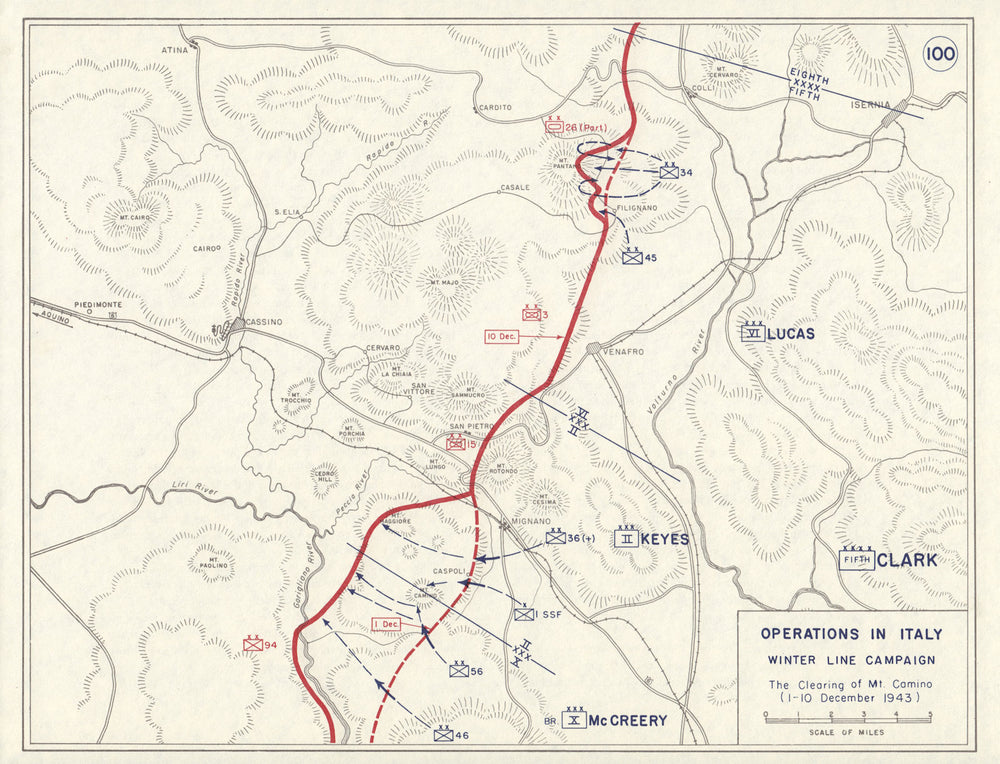 World War 2. Italy. Winter Line Campaign Dec 1943 Clearing Mt. Camino 1959 map