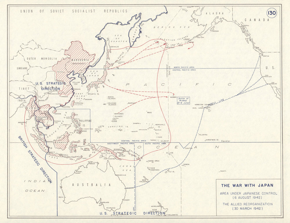 World War 2. Aug 1942 Japanese controlled area. Allied reorganisation 1959 map