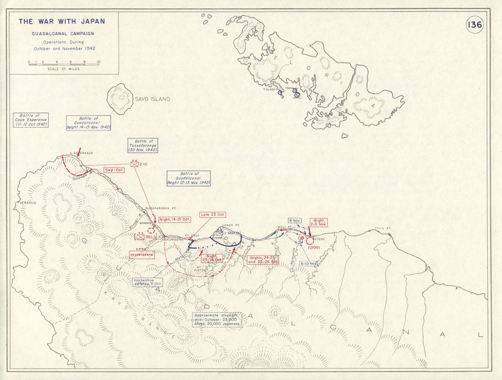 World War 2. Guadalcanal Campaign. October & November 1942 Operations 1959 map
