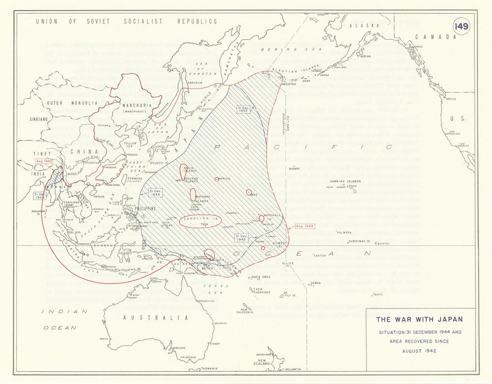 World War 2. Pacific Theatre. August 1942-December 1944 area recovered 1959 map
