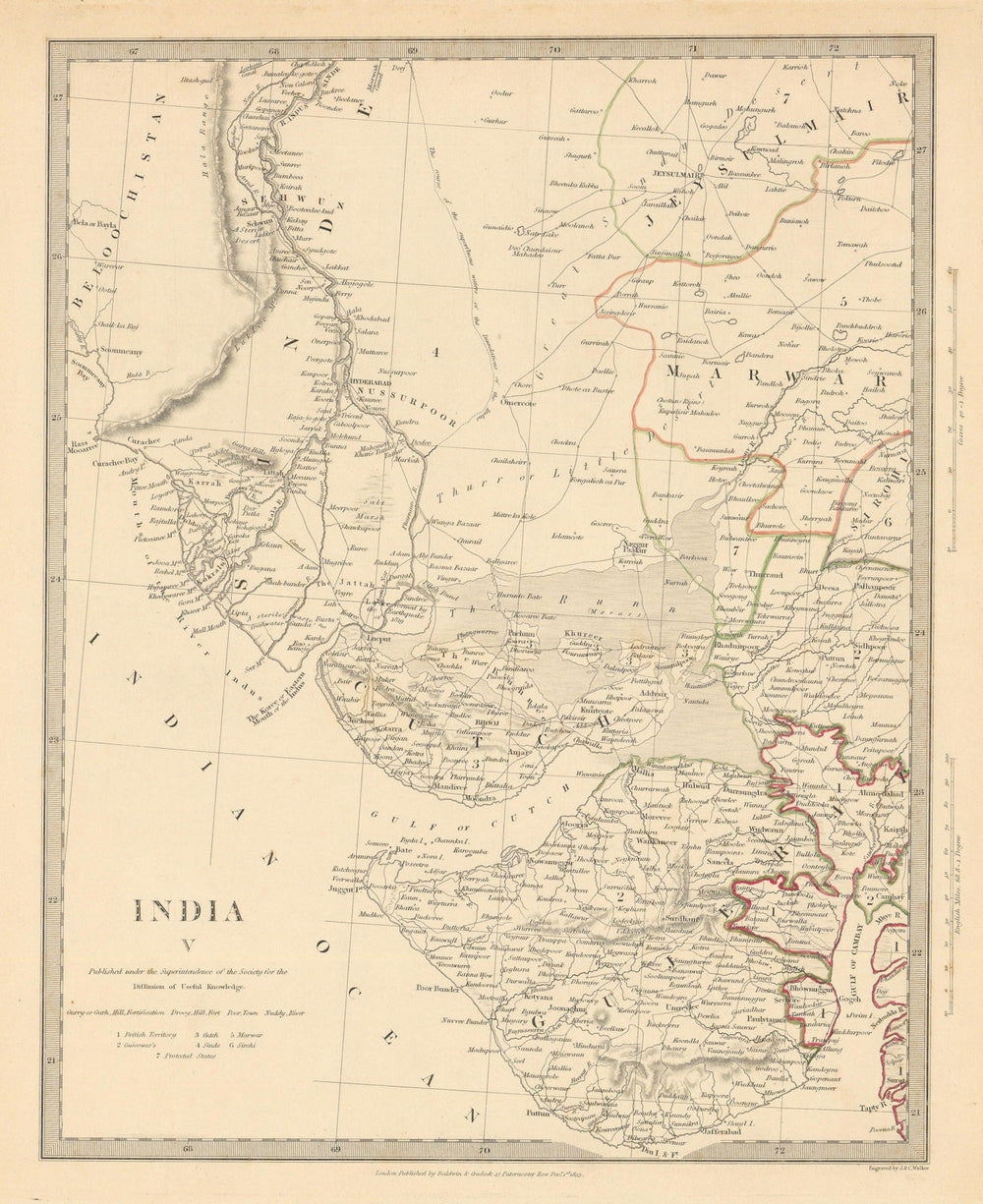 INDIA. Sinde to Gujerat. Marwar Cutch Jaisalmer. SDUK 1844 old antique map