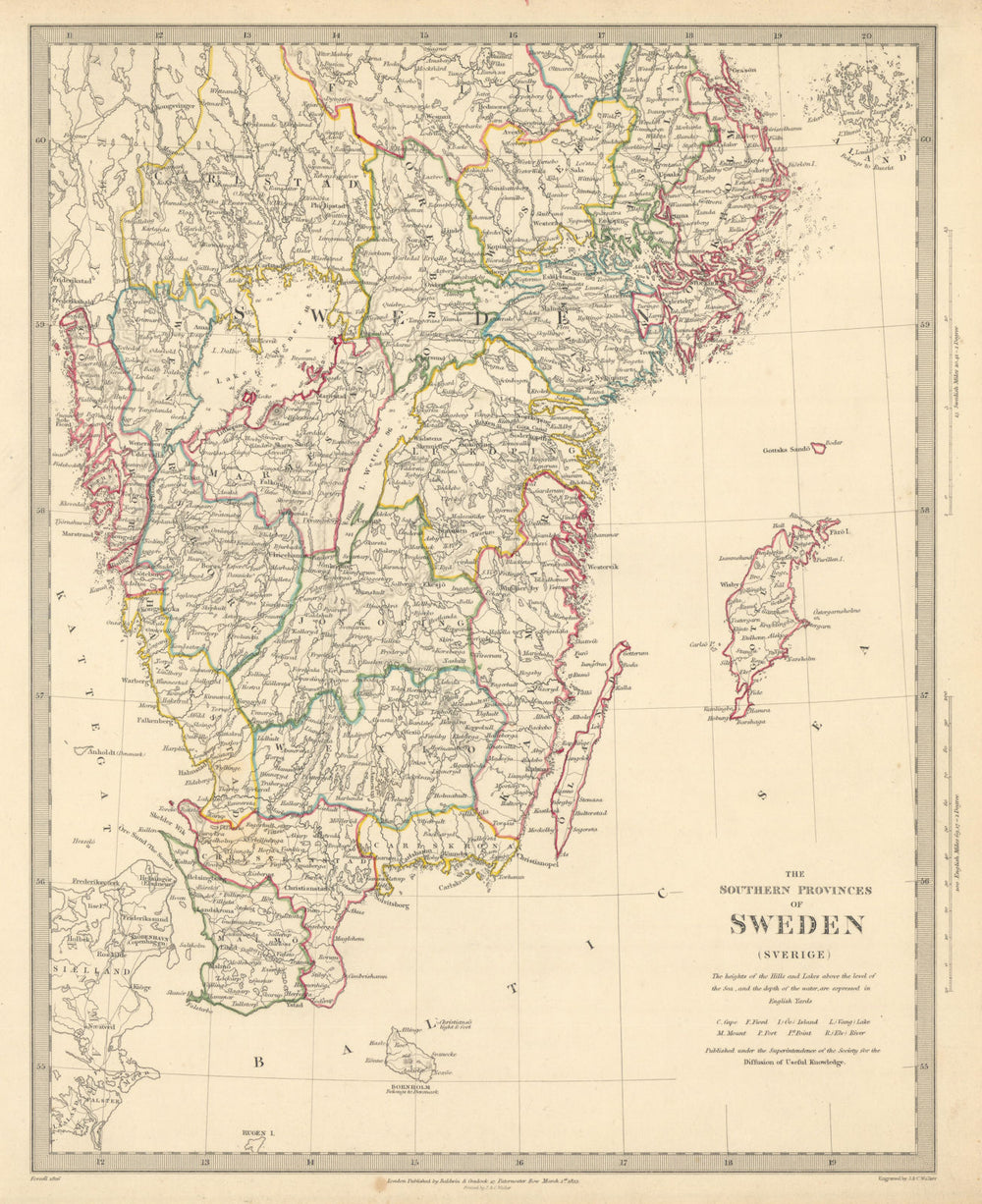 SWEDEN. The Southern Provinces of Sweden (Sverige) . SDUK 1844 old antique map