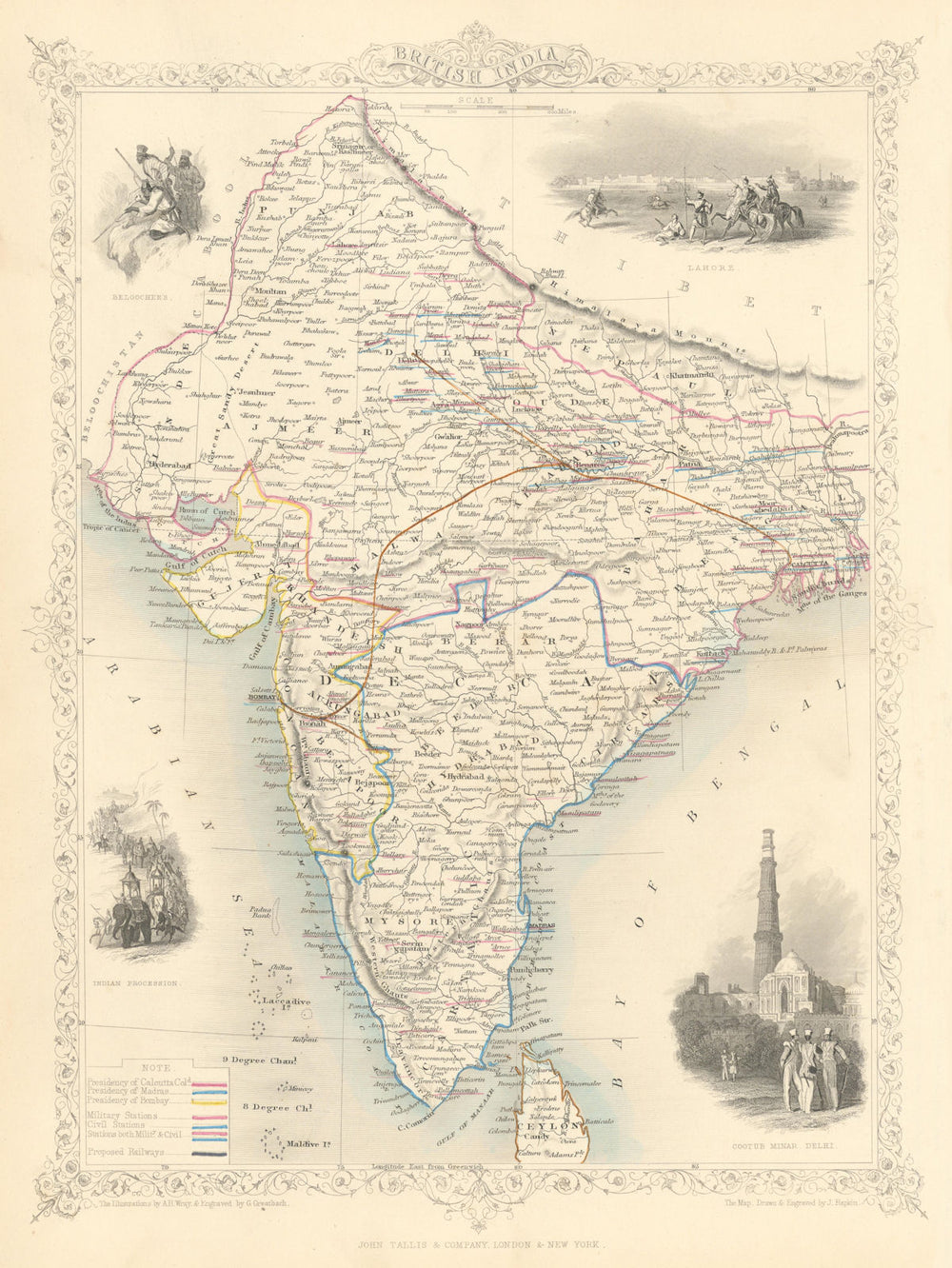BRITISH INDIA. shows 'Proposed Railways'. Military bases.TALLIS/RAPKIN 1851 map