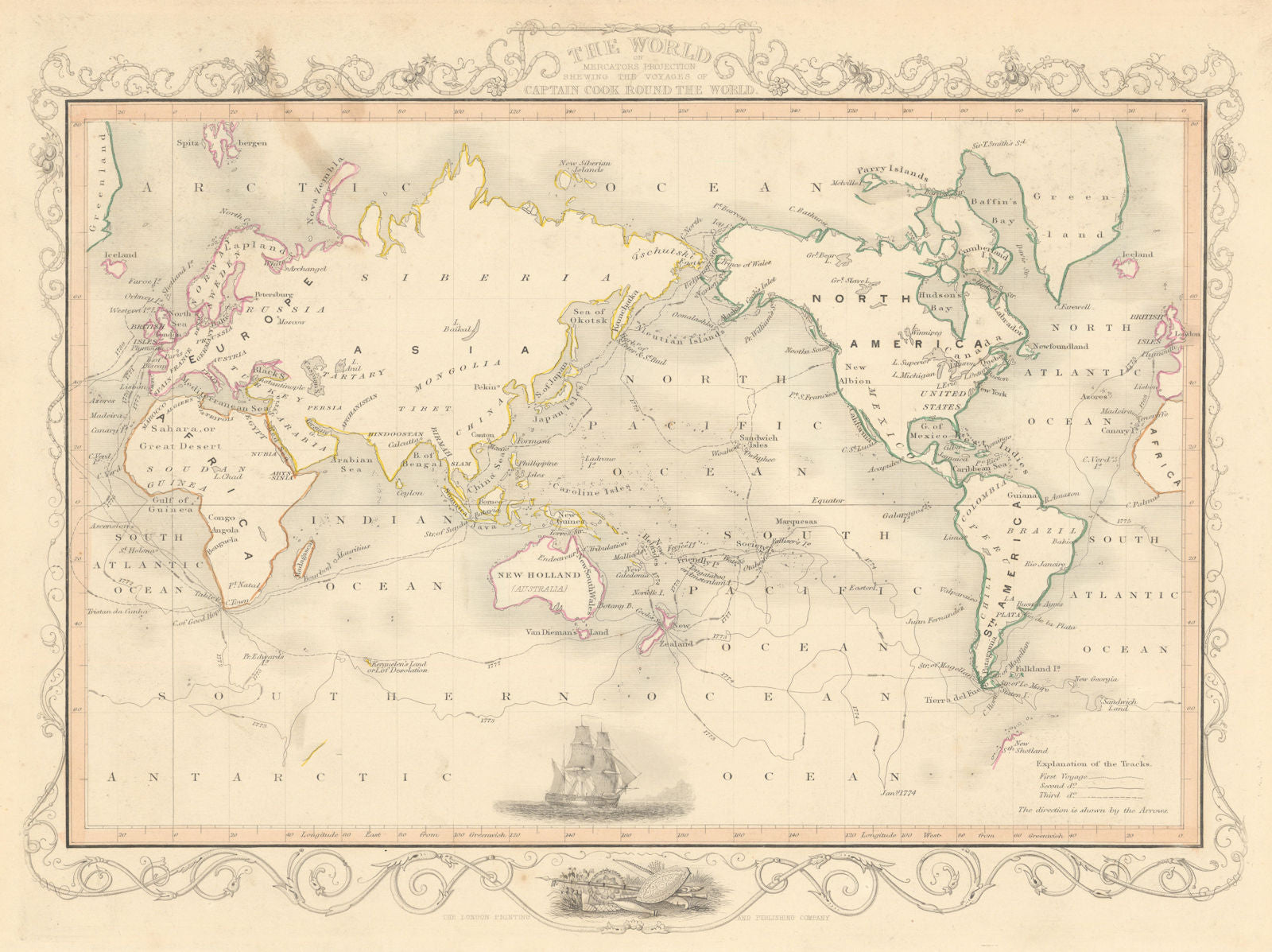 THE WORLD. 'Shewing the voyages of Captain Cook'. TALLIS/RAPKIN