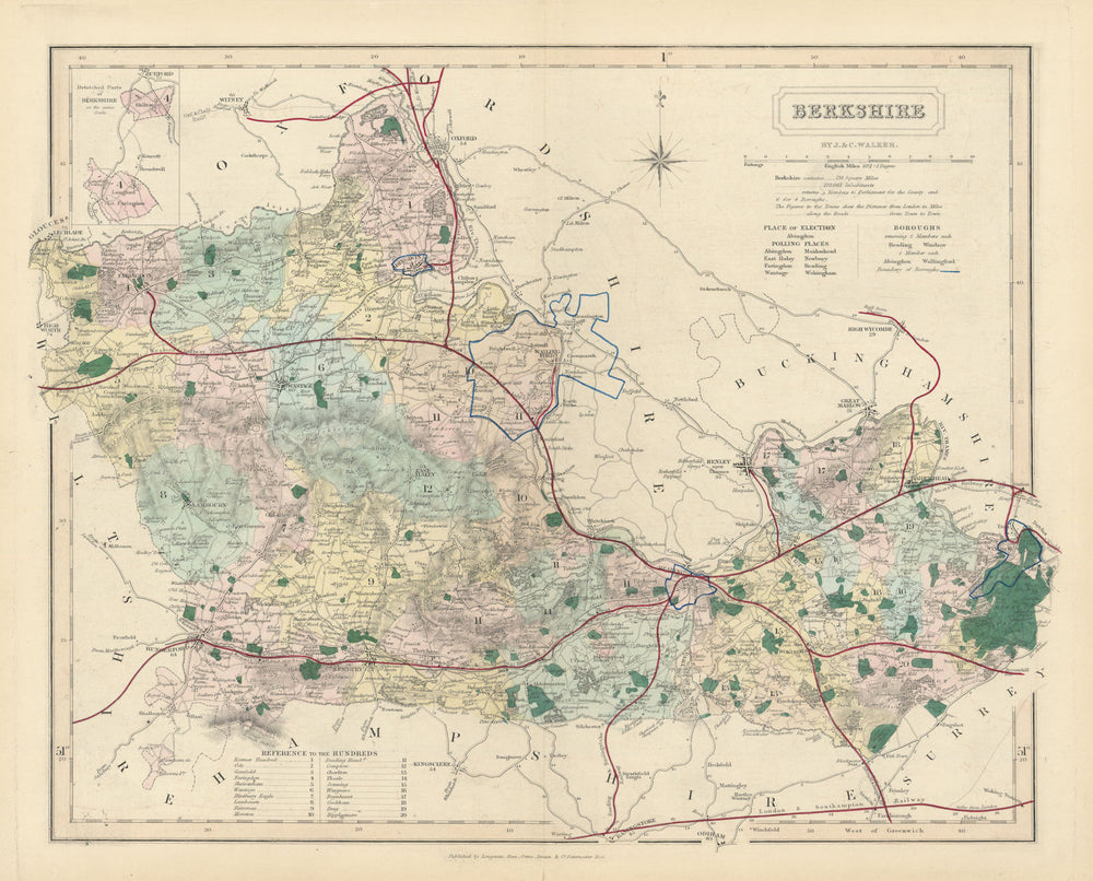 Berkshire antique county map by J & C Walker. Railways & boroughs 1870 old