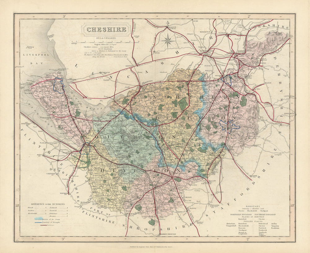 Cheshire antique county map by J & C Walker. Railways & boroughs 1870 old