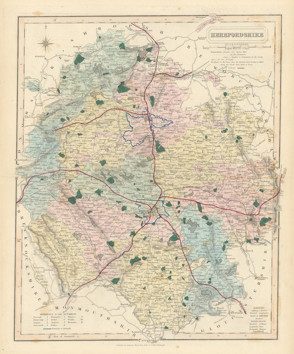 Herefordshire antique county map by J & C Walker. Railways & boroughs 1870