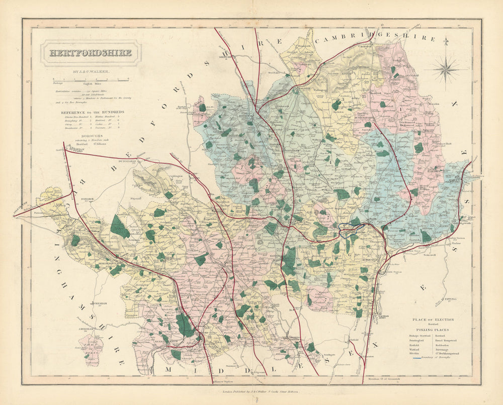 Hertfordshire antique county map by J & C Walker. Railways & boroughs 1870