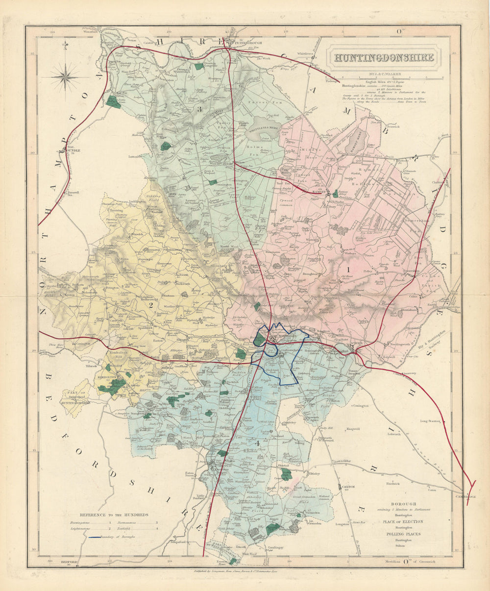 Huntingdonshire antique county map by J & C Walker. Railways & boroughs 1870