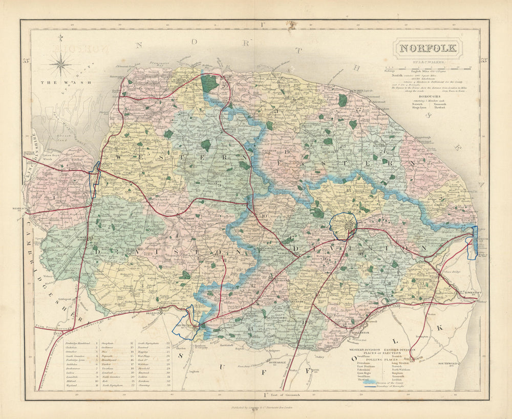 Norfolk antique county map by J & C Walker. Railways & boroughs 1870 old