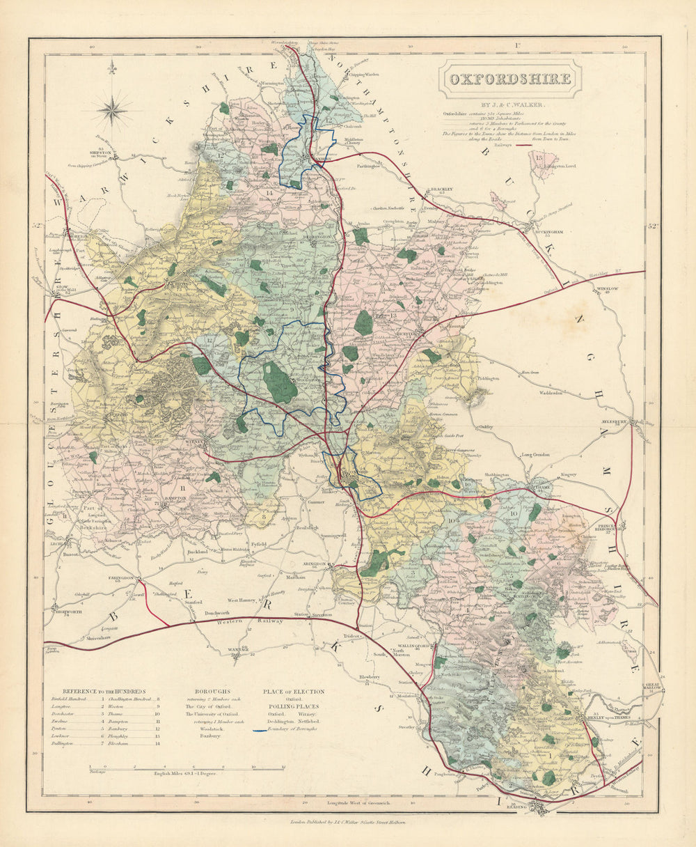 Oxfordshire antique county map by J & C Walker. Railways & boroughs 1870