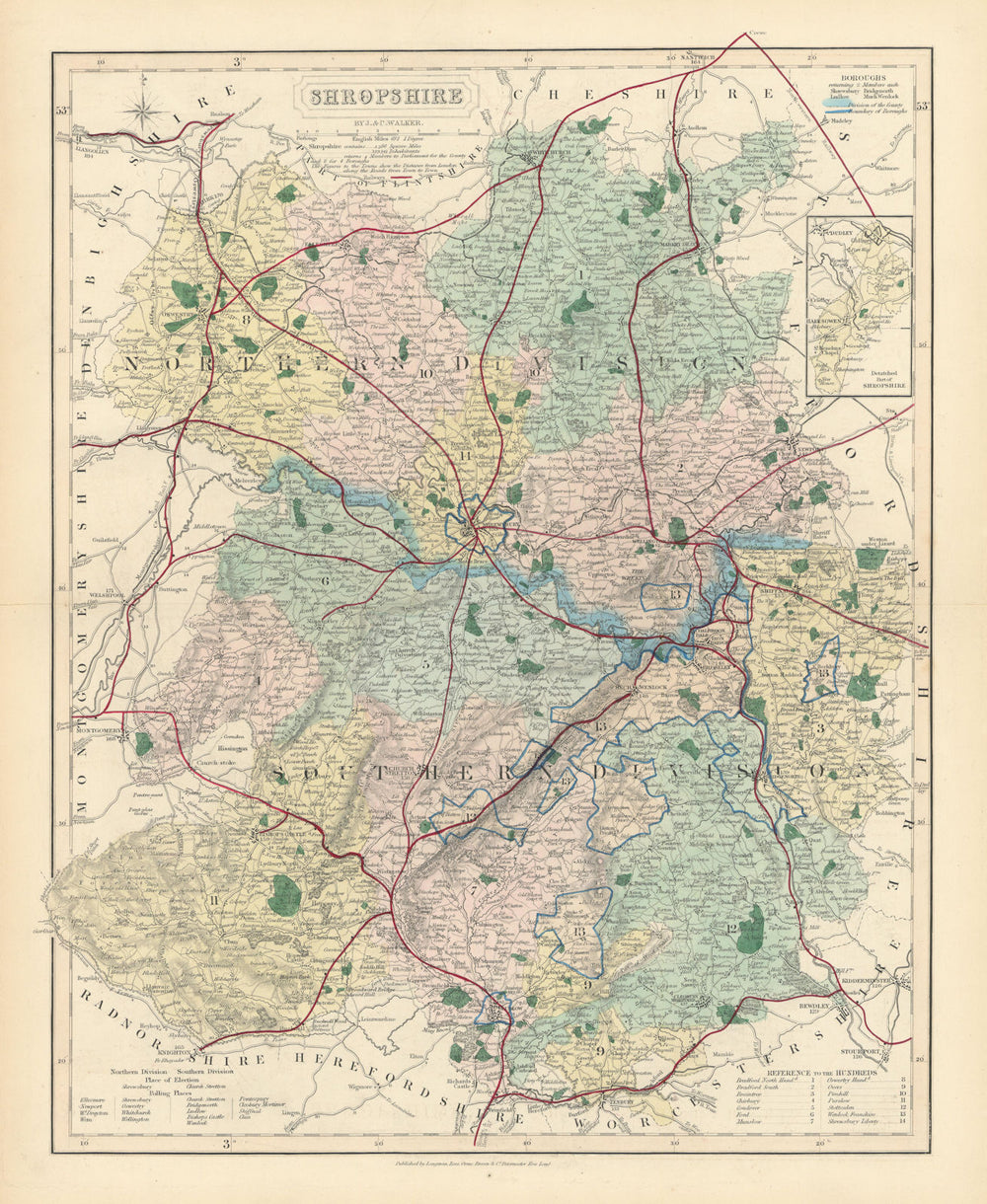 Shropshire antique county map by J & C Walker. Railways & boroughs 1870