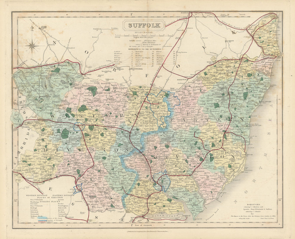 Suffolk antique county map by J & C Walker. Railways & boroughs 1870 old