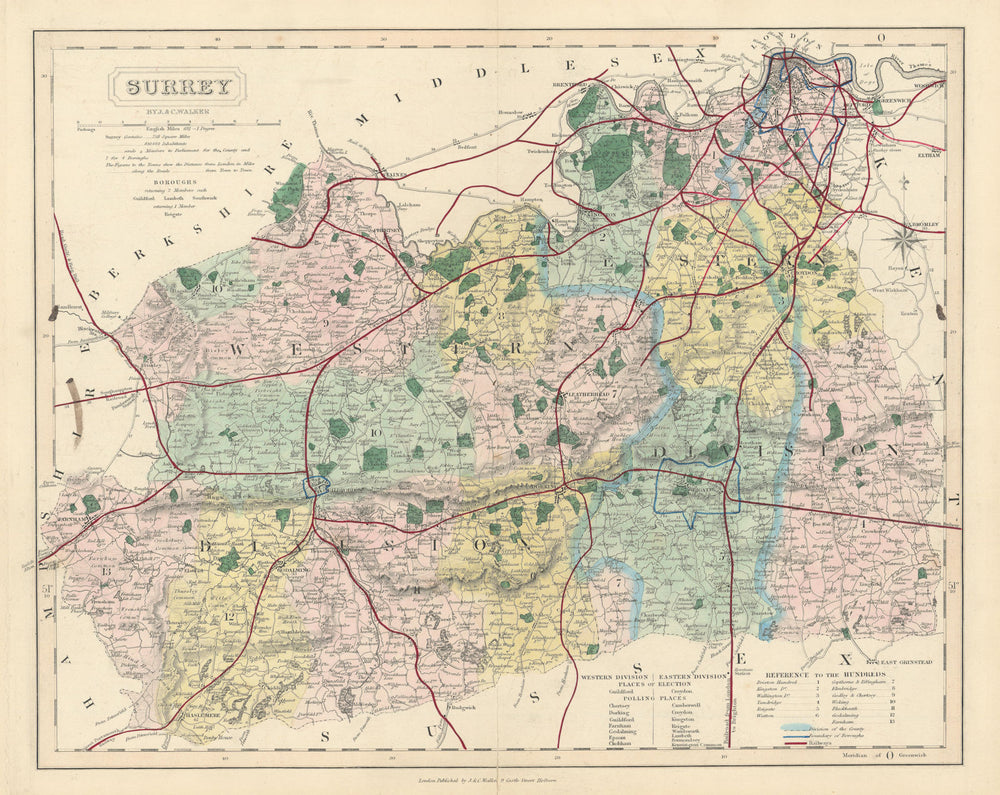 Surrey antique county map by J & C Walker. Railways & boroughs 1870 old