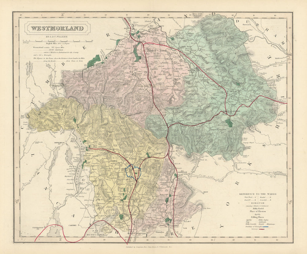 Westmorland antique county map by J & C Walker. Railways & boroughs 1870