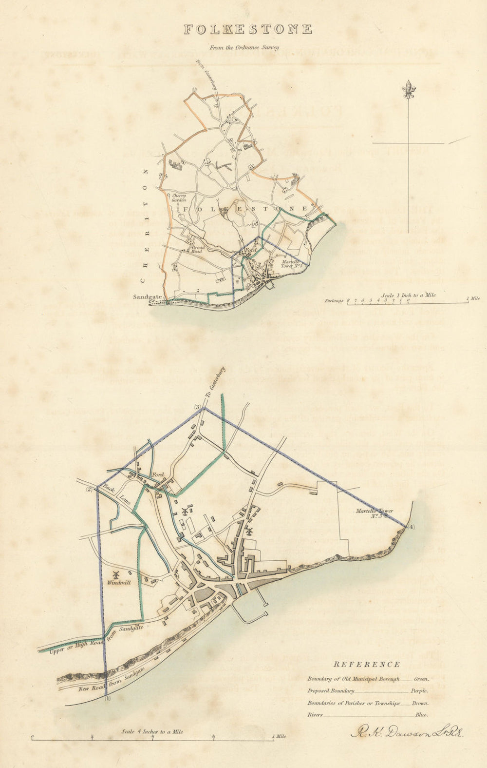 FOLKESTONE borough/town/city plan. BOUNDARY COMMISSION. Kent. DAWSON 1837 map