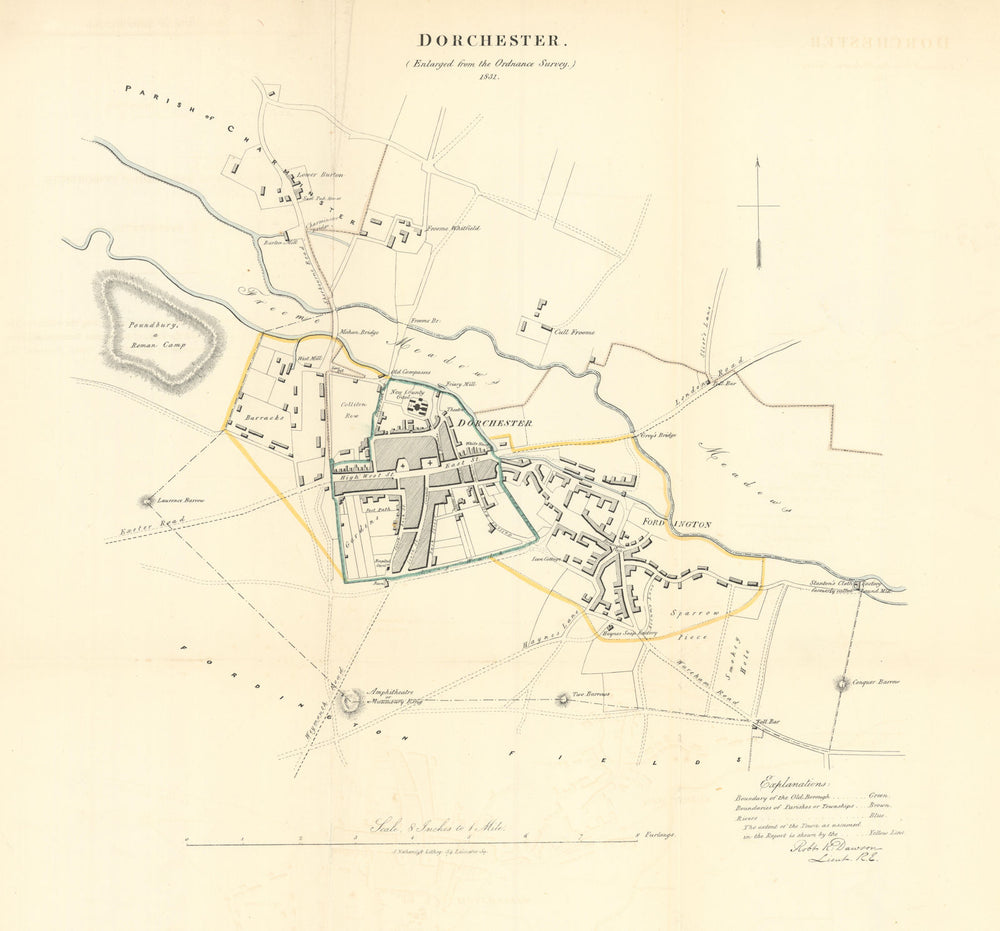 DORCHESTER borough/town plan. REFORM ACT. Poundbury. Dorset. DAWSON 1832 map