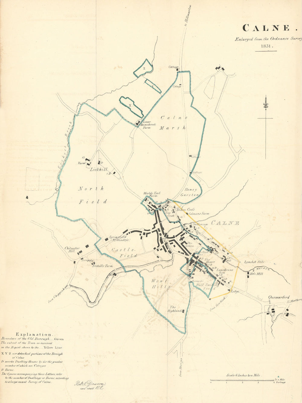 CALNE borough/town plan. REFORM ACT. Quemerford. Wiltshire. DAWSON 1832 map