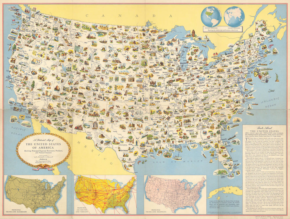 A Pictorial Map of the United States of America. 24x31 inches folding map c1951