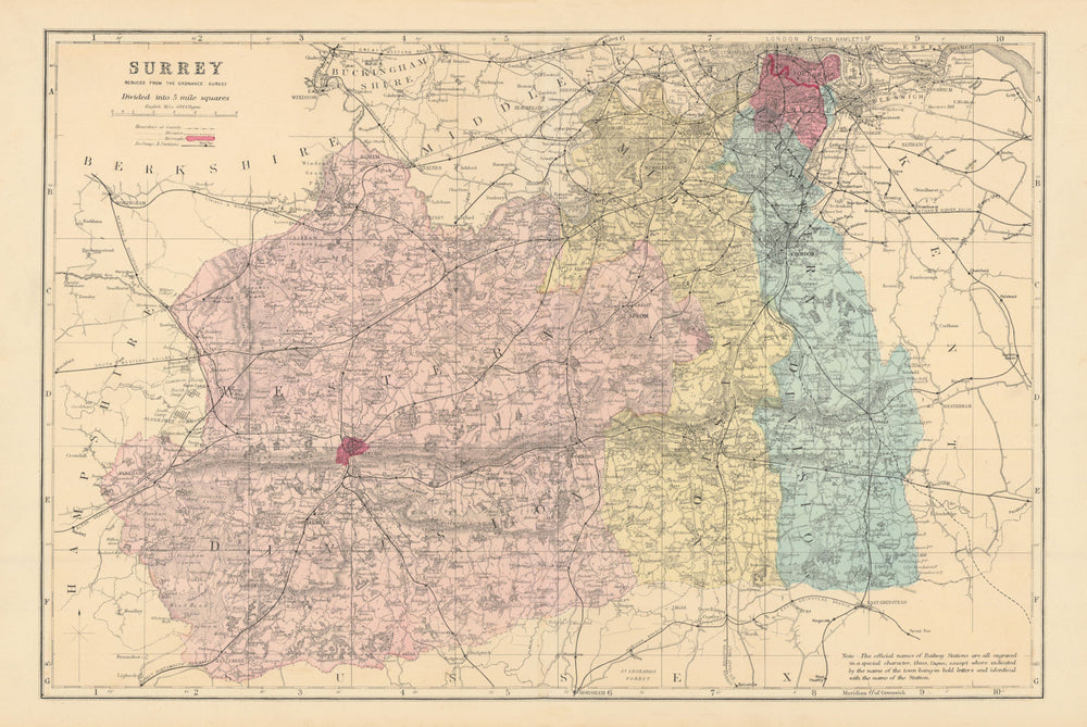 SURREY. Antique county map by GW BACON 1884 old vintage plan chart