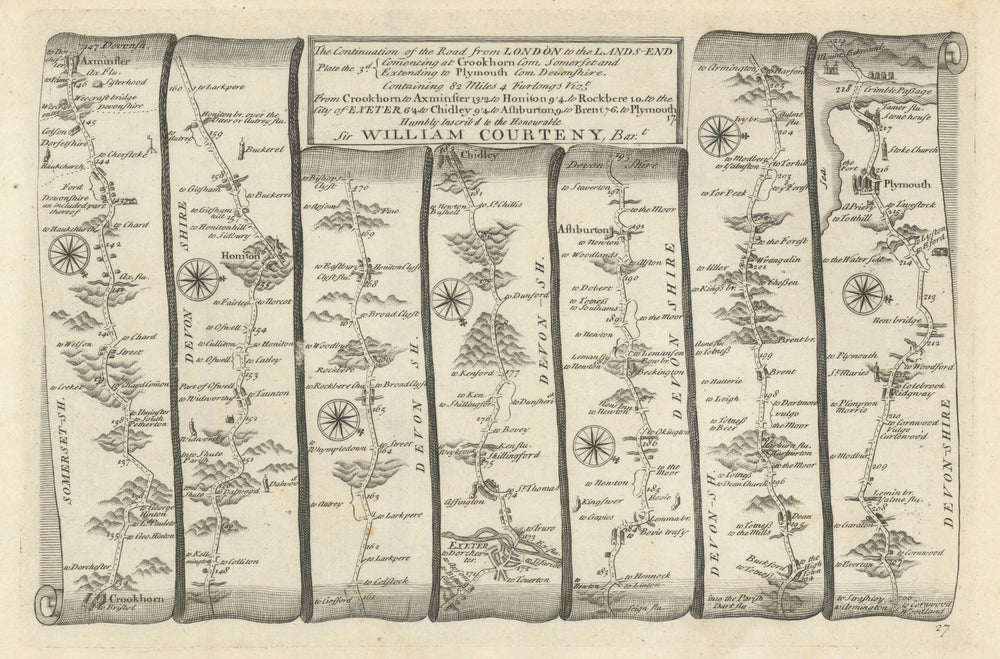 Crewkerne - Honiton - Exeter - Ashburton-Plymouth. GARDNER road map #27 1719