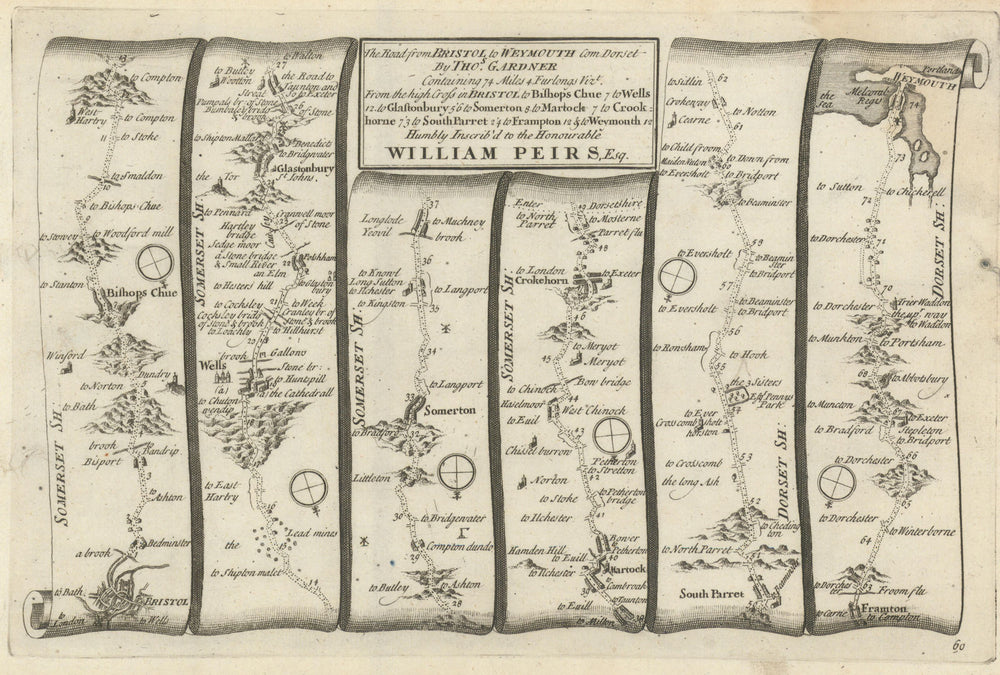 Bristol - Wells - Glastonbury - Crewkerne-Weymouth GARDNER road map #60 1719