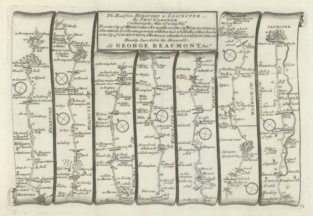 Hereford-Worcester-Solihull-Coventry-Leicester. GARDNER road map #72 1719