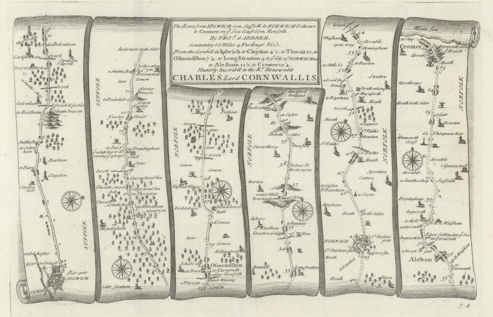 Ipswich - Claydon - Norwich - Aylsham - Cromer. GARDNER road map #74 1719