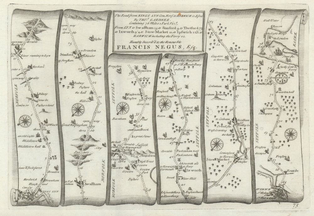 King's Lynn - Stowmarket - Ipswich - Harwich. GARDNER road map #75 1719