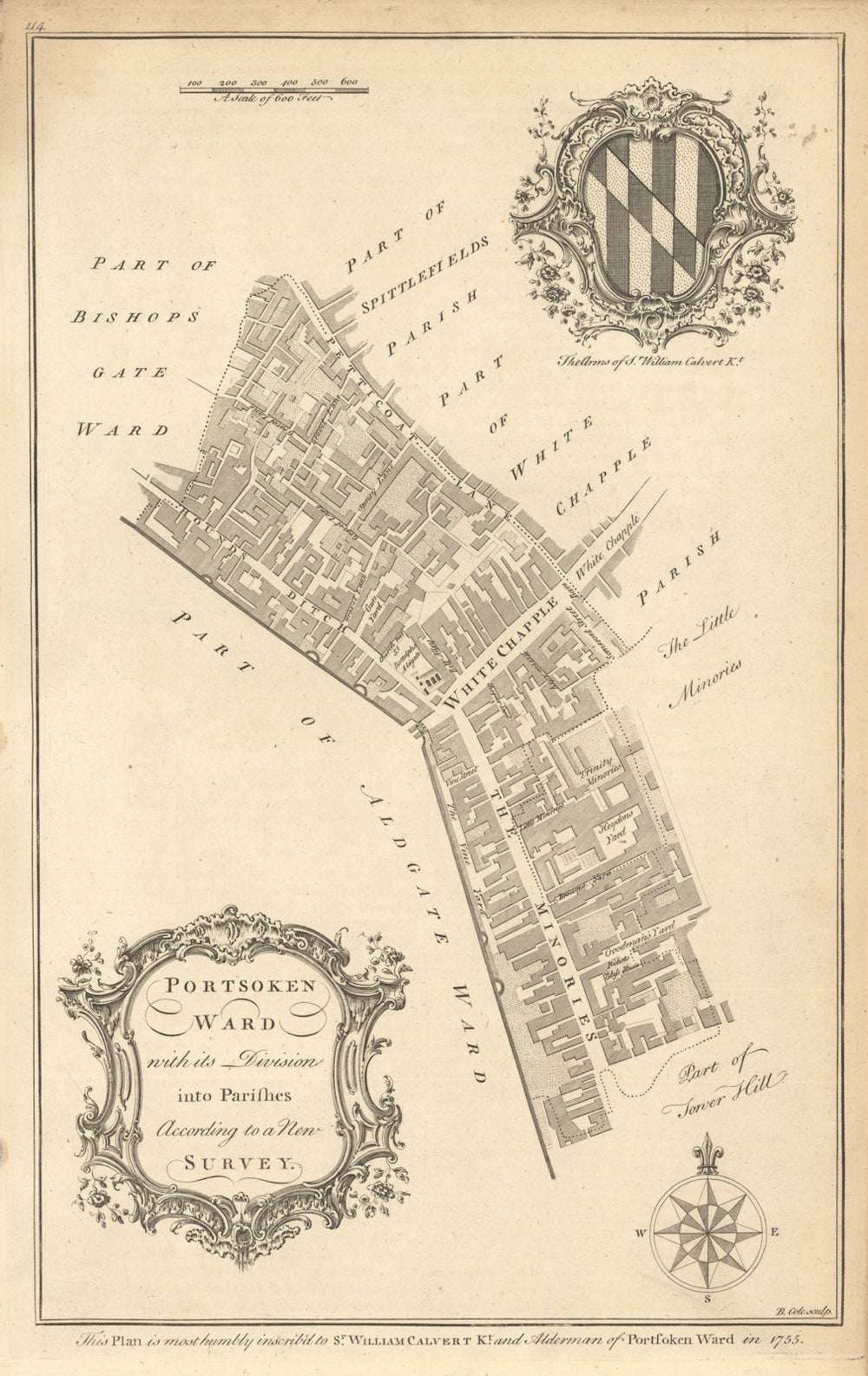 Portsoken Ward with its divisions into parishes… City of London. COLE 1760 map