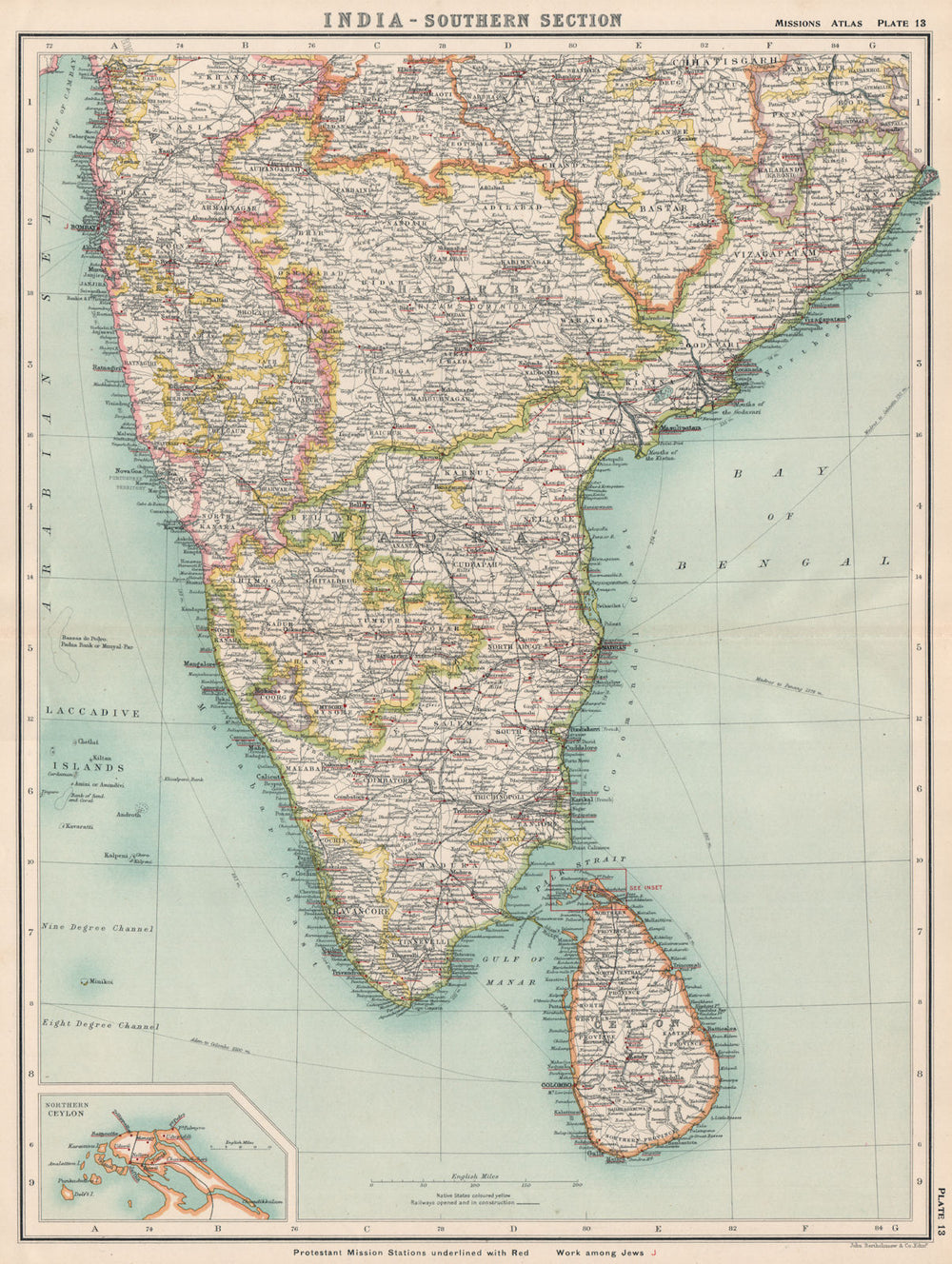 SOUTHERN BRITISH INDIA & CEYLON. Protestant Mission Stations. Sri Lanka 1911 map