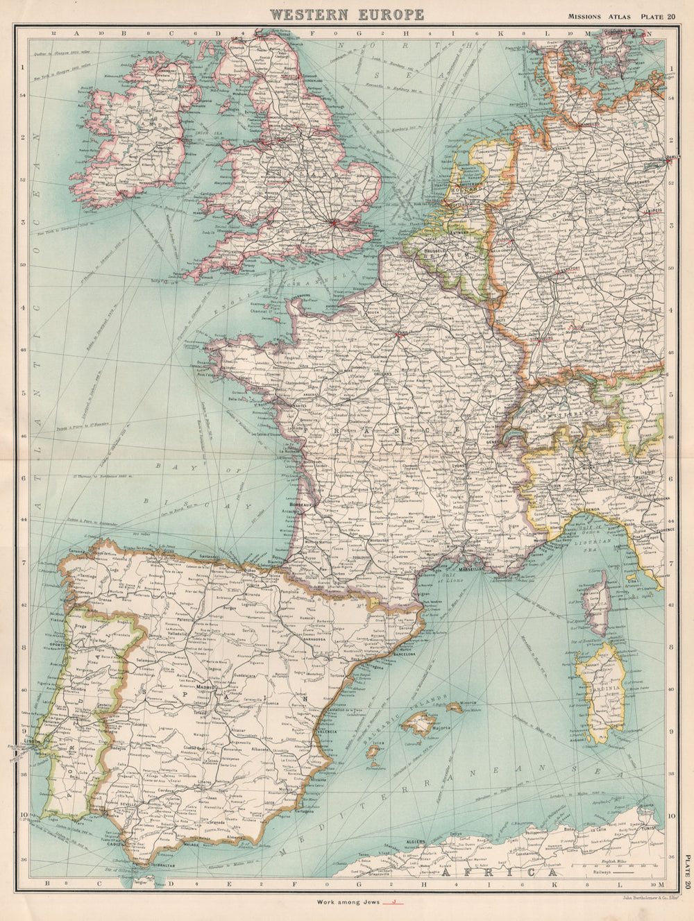 WESTERN EUROPE. Protestant Missionary work among Jews in Germany NL UK 1911 map