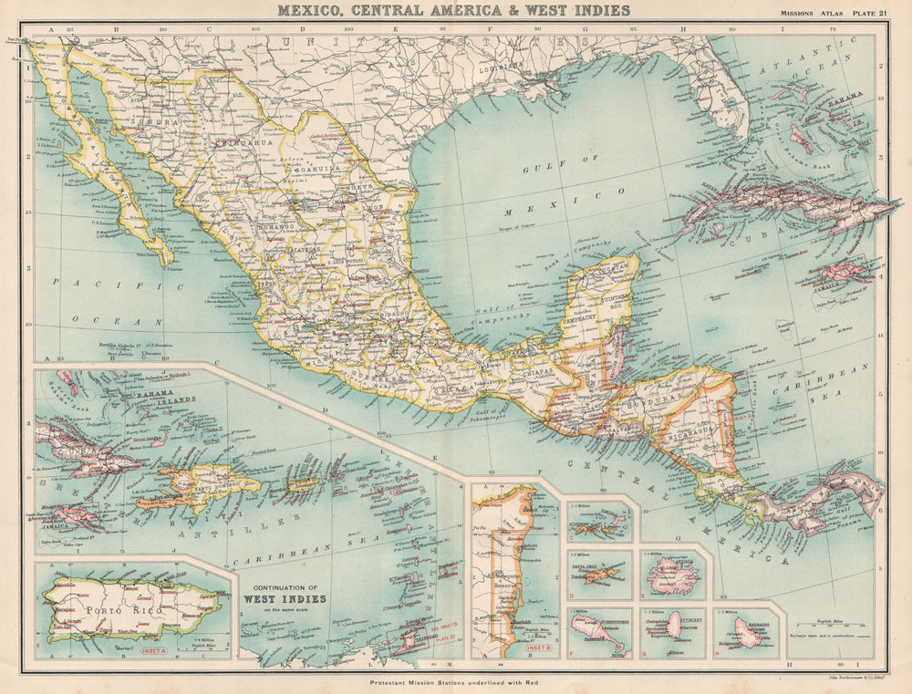 MEXICO, WEST INDIES, CENTRAL AMERICA CARIBBEAN. Protestant Missions 1911 map