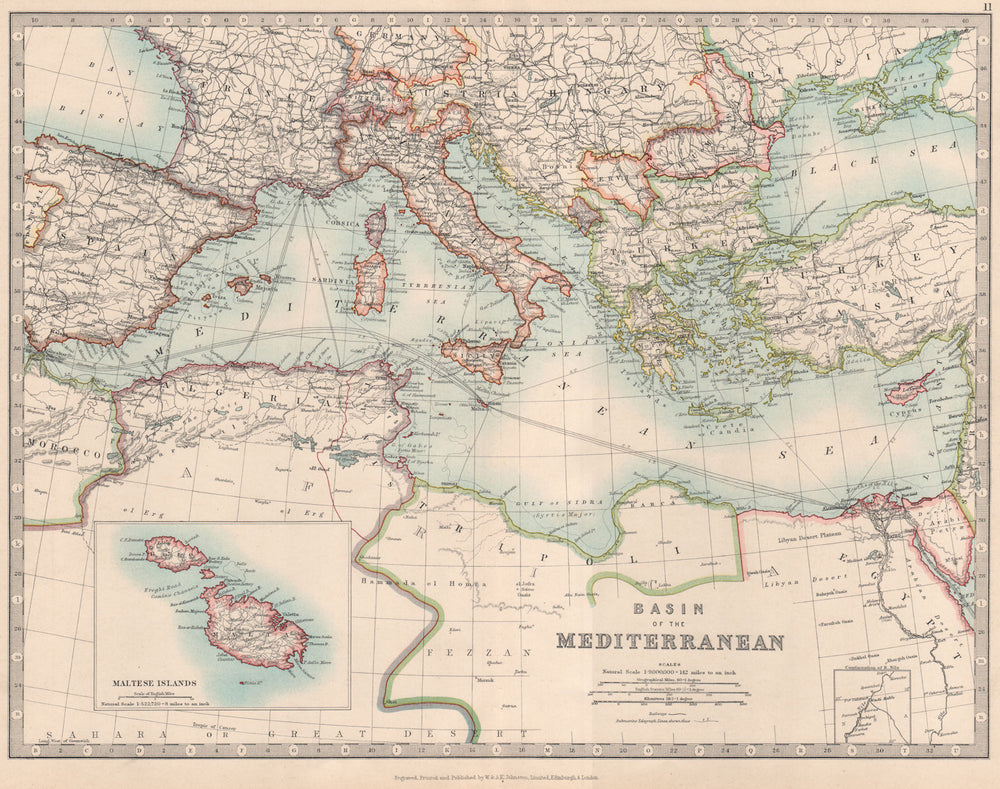 MEDITERRANEAN SEA. Submarine cables. Railways. JOHNSTON 1912 old antique map