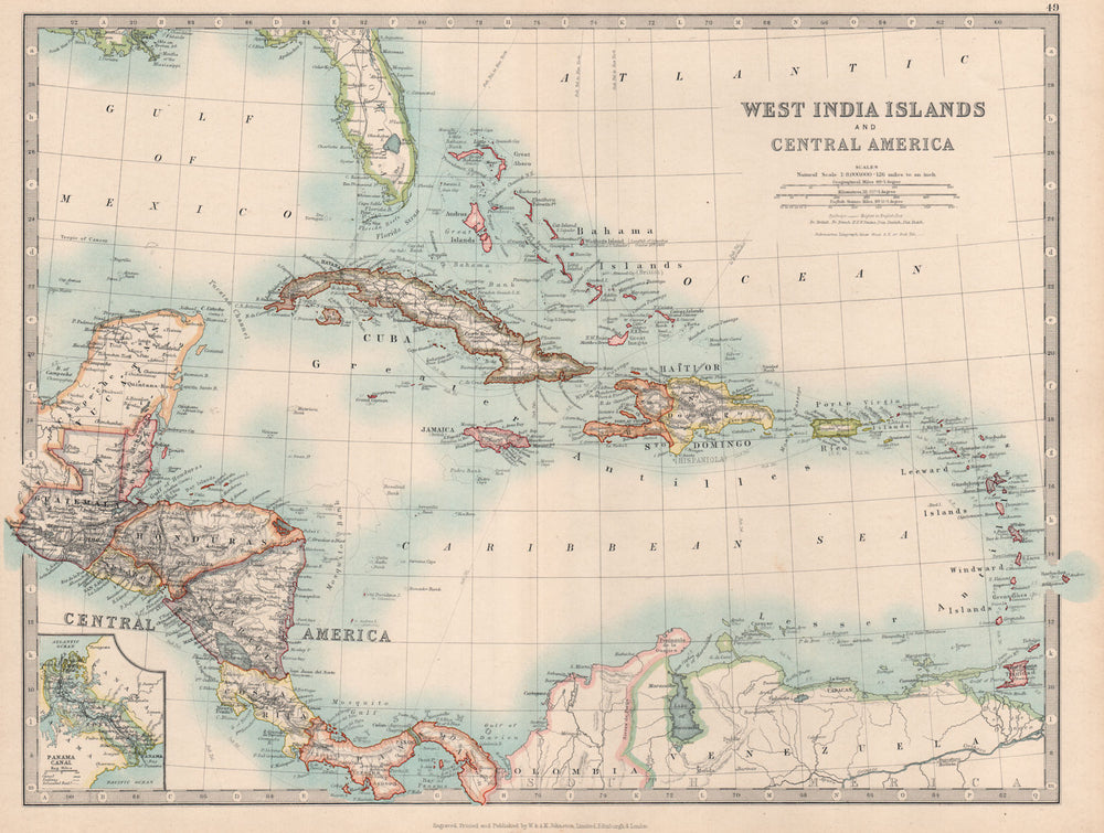 WEST INDIES/CARIBBEAN. Panama canal. Danish Virgin Islands. JOHNSTON 1912 map